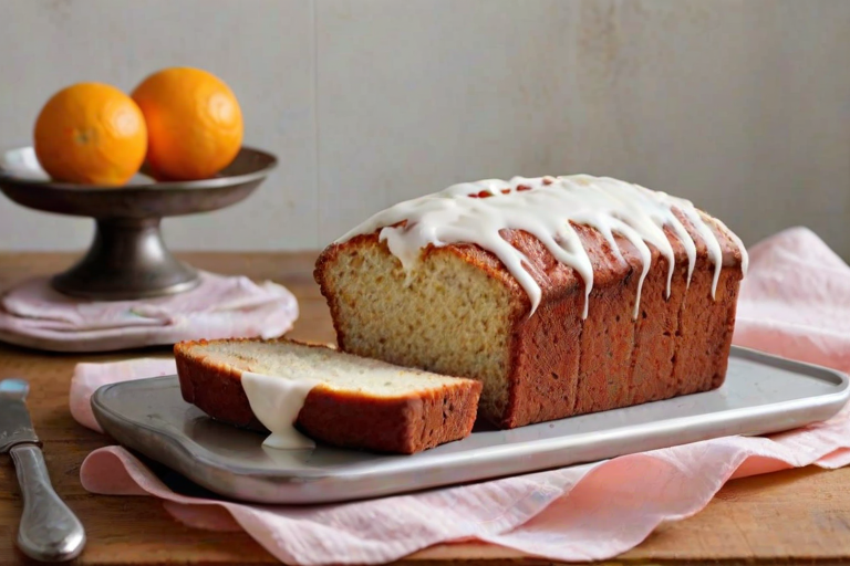 Generate an image of a freshly baked loaf cake with a white icing glaze, placed on a wire cooling rack. Surround the cake with halved oranges and a knife on a wooden table. Include a soft pink cloth under the cake for a warm, inviting atmosphere.