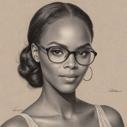 Captivating Tika Sumpter, pencil sketch, portrait of Enchanting woman 1938s in glasses, hair style beatnik, outline, clear lines, fine lines, 8k