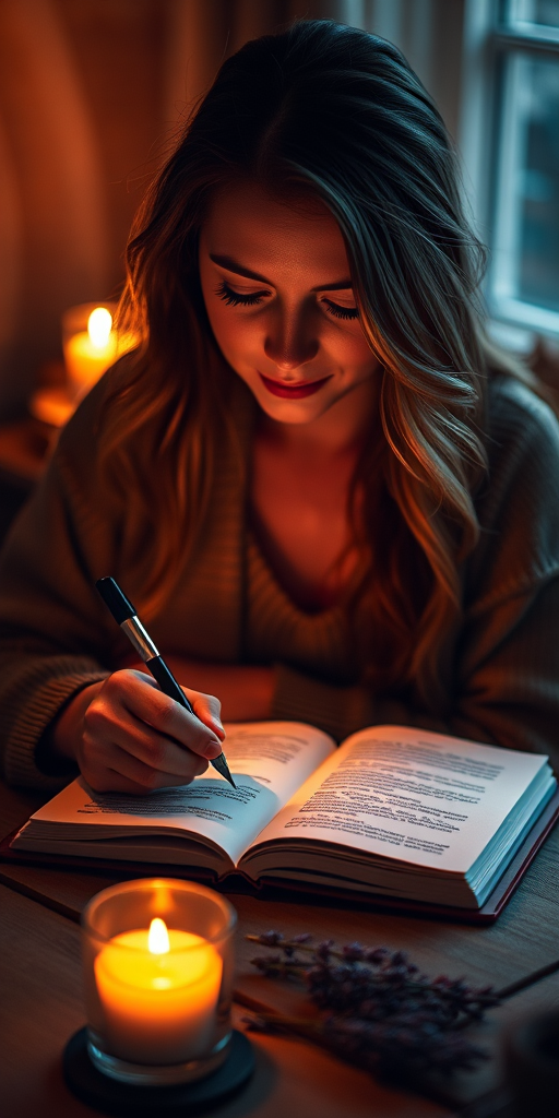Warmly lit image of a woman writing in a journal by candlelight, soft glow from the candle casting warm shadows on the pages, the smell of fresh ink and lavender filling the air, and a sense of peaceful reflection.