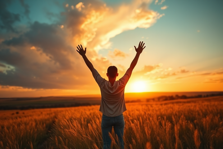 landscape at sunset with a person raising their arms in a field, warm golden tones, dramatic clouds, soft focus, aperture f/2.8, shutter speed 1/200s, ISO 100, wide-angle lens, DSLR camera, high dynamic range