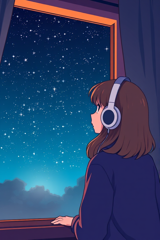 Digital illustration of a girl with headphones gazing out a window at a starry night sky, warm ambient lighting, focus on her thoughtful expression, using a 50mm lens, f/1.8 aperture, ISO 200, soft focus style, high-resolution digital art quality.