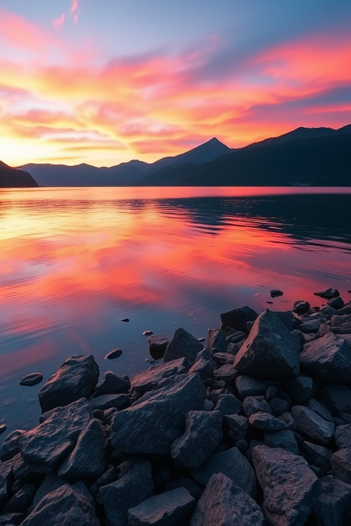Create a high-resolution image of a serene landscape at sunset with vibrant colors reflecting off a calm lake, including mountains in the background, using a Canon EOS R5, 24mm lens, f/8 aperture, ISO 100, and a shallow depth of field for enhanced detail.
