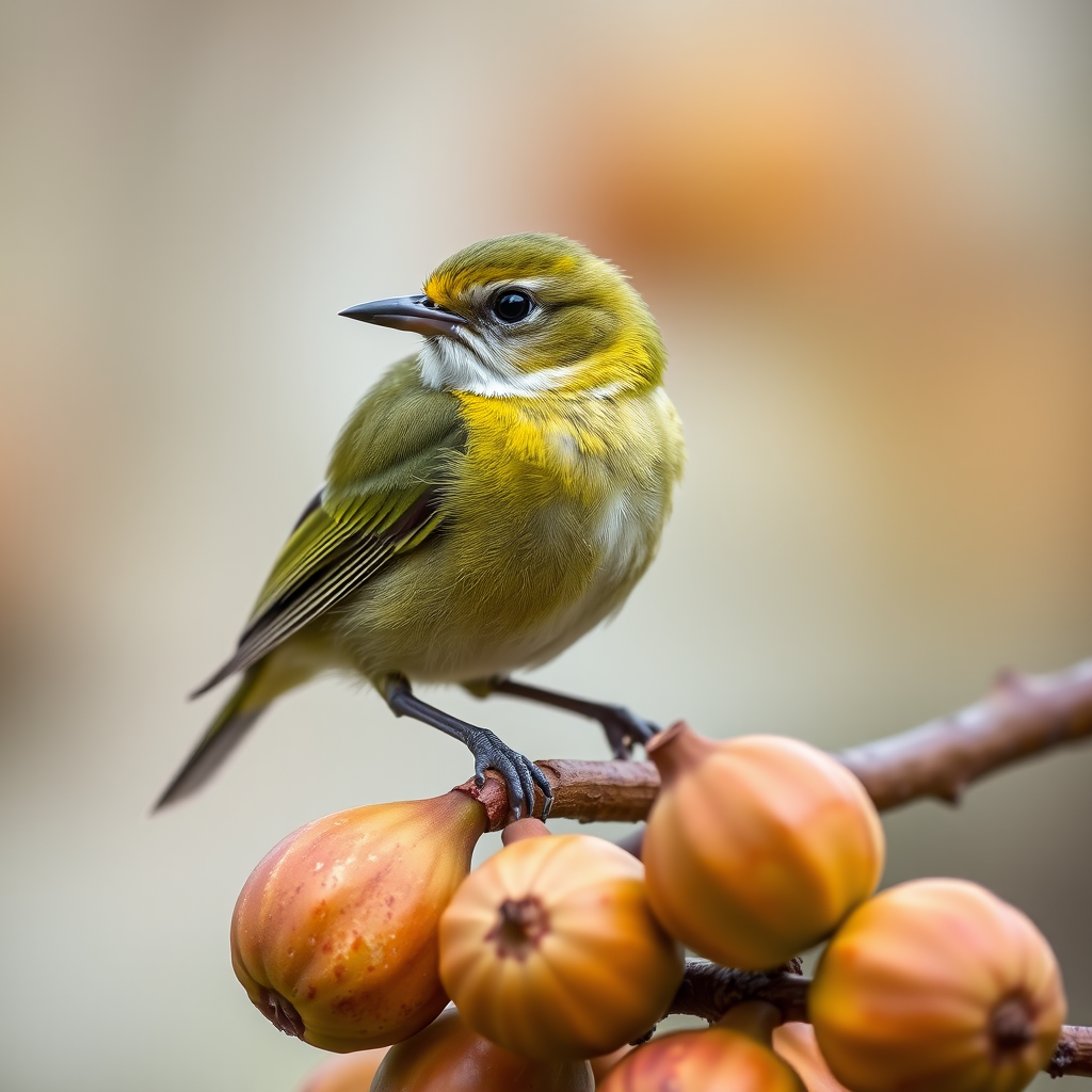 Capture a close-up of a small green bird perched on a branch with figs, using a Canon EOS 90D camera, 100mm macro lens, f/2.8 aperture, ISO 200, shutter speed 1/500s, natural light, depth of field to blur the background.