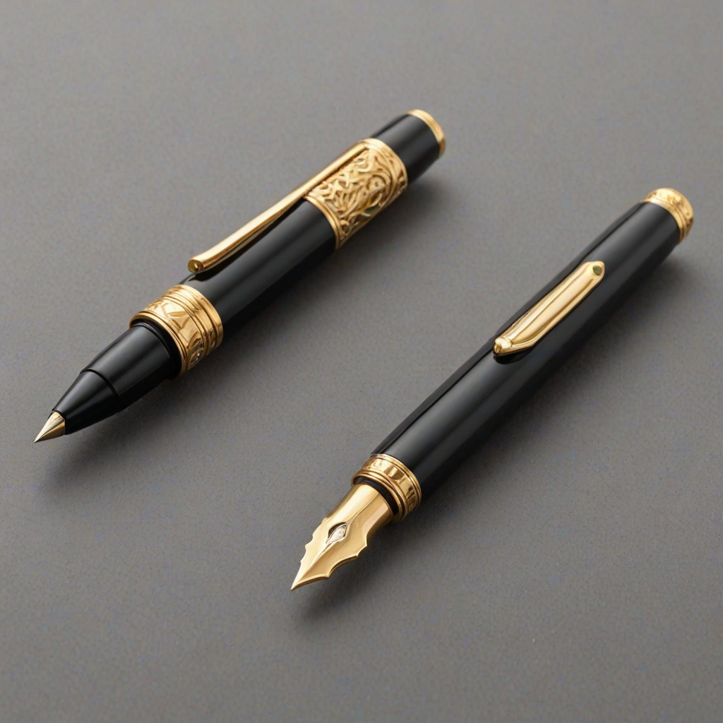 create an image of a classic fountain pen with a black body and gold accents, angled to show the nib prominently