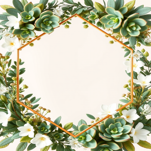 Create a high-resolution floral frame design featuring green succulents, eucalyptus, and white flowers with a geometric gold outline, captured using a DSLR camera, 50mm lens at f/2.8 for a soft background blur, in natural light.