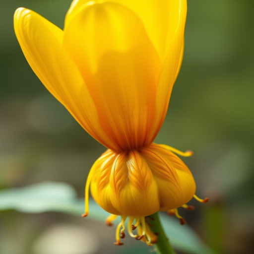Create a highly detailed digital illustration of a yellow flower with a bulbous base and roots, using a macro lens with a shallow depth of field, vibrant colors, and a soft background blur to enhance the focus on the flower, with a 50mm f/1.8 lens, natural lighting, and a high-resolution camera setting.