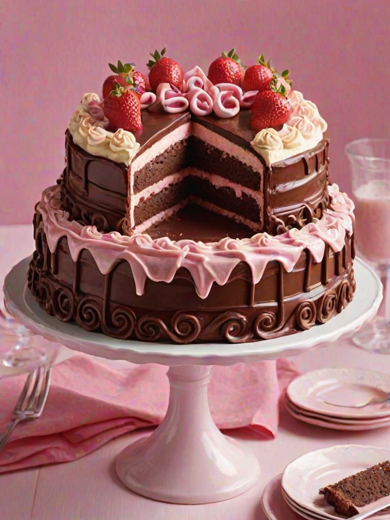 Create an image of a multi-layered cake with distinct layers of chocolate, vanilla, and strawberry filling. The exterior should be frosted in pink icing and topped with swirls of pink frosting and decorative candies. Show a cross-section of the cake to highlight the layers and textures.