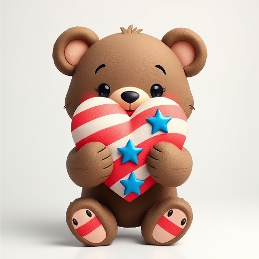 Create a cute cartoon bear holding a heart with red and white stripes and blue stars, captured with a DSLR camera, 50mm lens, f/2.8 aperture, ISO 100, in a bright studio setting to enhance color vibrancy and clarity.
