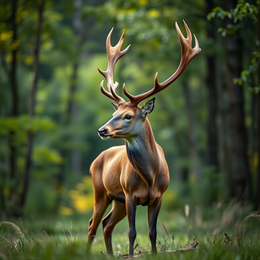 Generate a high-resolution image of a majestic stag with large antlers standing in a green forest clearing, captured with a DSLR camera at ISO 100, aperture f/4, shutter speed 1/250s, with a 50mm lens, focusing on the animal in soft natural light from the side, in a shallow depth of field.