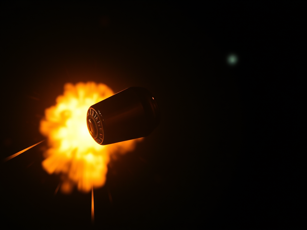 cinematic film still of a large bullet  is being blown by a fire, no humans, black background, realistic, space, explosion, fire in background, shallow depth of field, vignette, highly detailed, high budget, bokeh, cinemascope, moody, epic, gorgeous, film grain, grainy