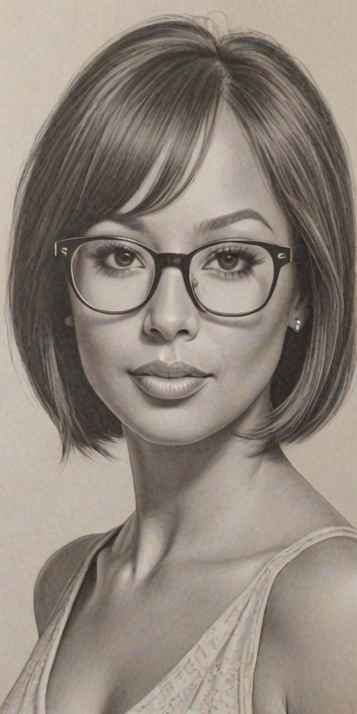 Lovely Cheryl Burke, pencil sketch, portrait of Sublime woman 1971s in glasses, hair style beatnik, outline, clear lines, fine lines, 8k