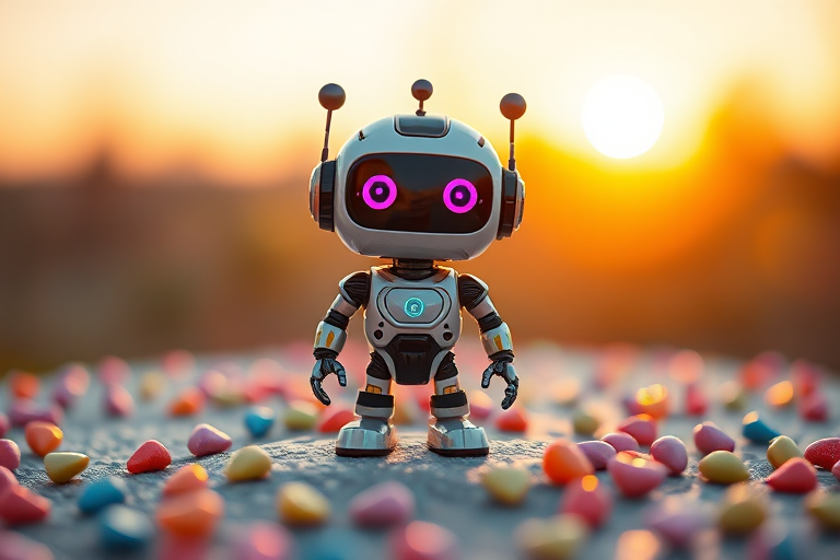 Create an image of a cute cartoon robot standing on a textured platform surrounded by colorful hearts and candies, soft focus, golden hour lighting, depth of field effect, ISO 200, f/2.8, 50mm lens, shot on a DSLR camera.