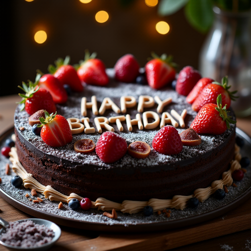 black forest gateau cake, spelling out the words "HAPPY BDAY", tasty, food photography, dynamic shot