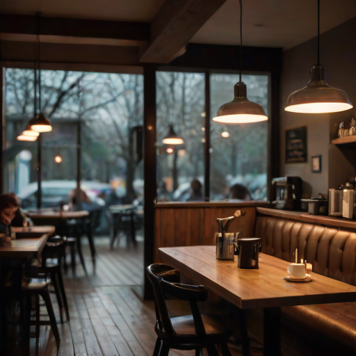 Low-light, moody image of a coffee shop at dusk, soft glow from hanging pendant lights casting a warm hue on the wooden tables, a barista steaming milk in the background, a couple quietly chatting by the window, light rain tapping against the glass.
