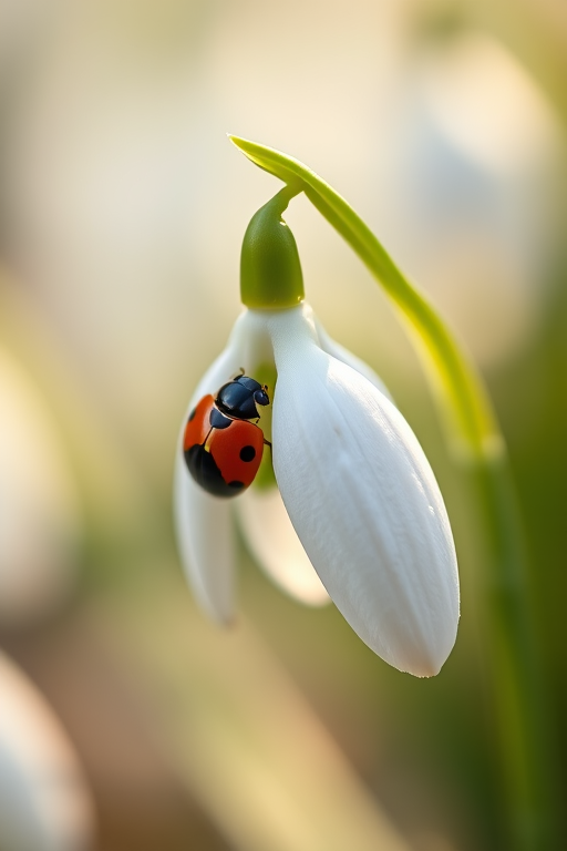 a close-up of a snowdrop flower with a ladybug sitting on one of the petals, soft-focus background, natural light