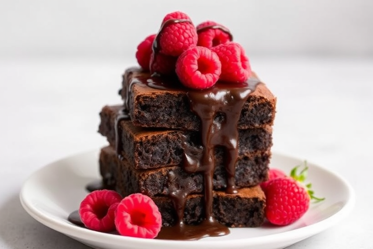 A stack of rich chocolate brownies drizzled with glossy chocolate sauce topped with fresh raspberries on a white plate against a soft, neutral background.