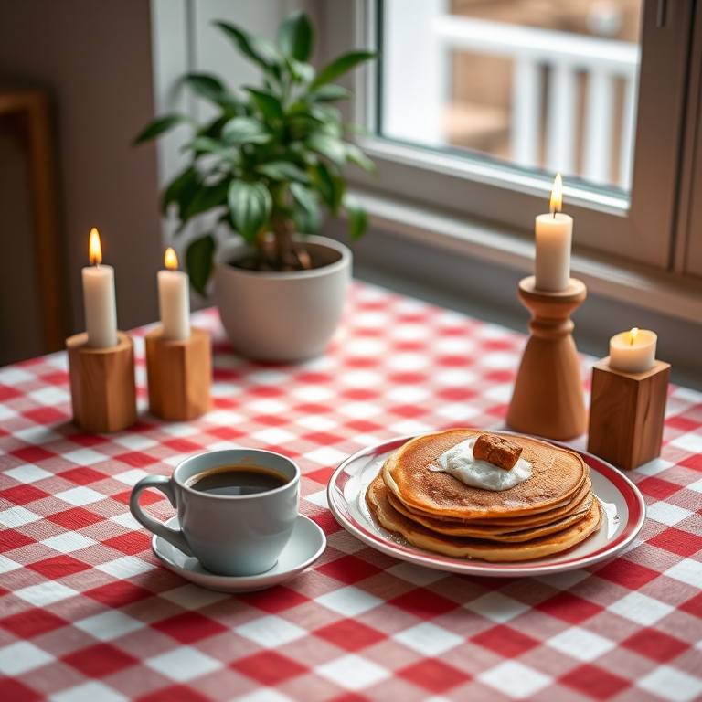 cozy indoor scene with a checkered tablecloth, a warm cup of coffee, pancakes on a plate, two candles on wooden holders, and a potted plant near a window with a soft outside view, captured with a DSLR camera at f/2.8, ISO 400, 50mm lens, natural light for enhanced detail and warmth