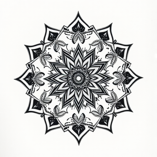 Dotwork mandala tattoo called "Sacred Geometry" showcasing intricate patterns and symmetrical designs created entirely with tiny dots in varying densities of black ink