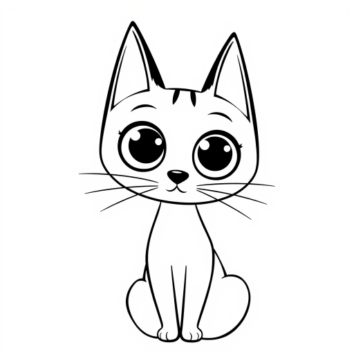 Create a black and white minimalist illustration of a cat. The cat should have large, round eyes and a simplistic, cartoonish style. Its ears should be tall and pointed, and its whiskers should be simple lines extending from its face. The background should be plain white to emphasize the cat's silhouette.