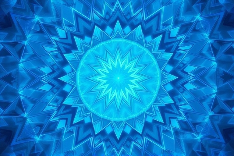 Create a high-resolution abstract digital artwork featuring intricate geometric patterns in blue tones, using a Canon EOS 5D Mark IV with a 50mm f/1.8 lens, aperture set to f/8, ISO 100, at a 1/125 second shutter speed, with soft diffused lighting and a focus on depth and texture.