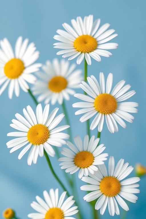 Create an image of white daisies with yellow centers against a soft blue background, using a Canon EOS R5 camera, 85mm lens, f/2.8 aperture, 1/200 sec shutter speed, and natural light to enhance color vibrancy and detail.