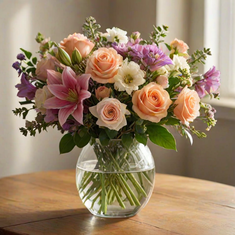 Warmly lit photo of a beautifully arranged flower bouquet in a glass vase on a wooden table, with soft light highlighting the colors and delicate petals.