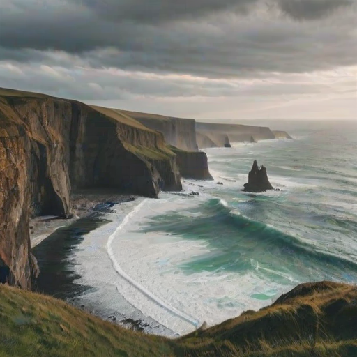 Scenic coastline with dramatic cliffs and crashing waves, a lone figure standing at the edge, taking in the breathtaking view of the ocean under a cloudy sky, creating a sense of adventure.
