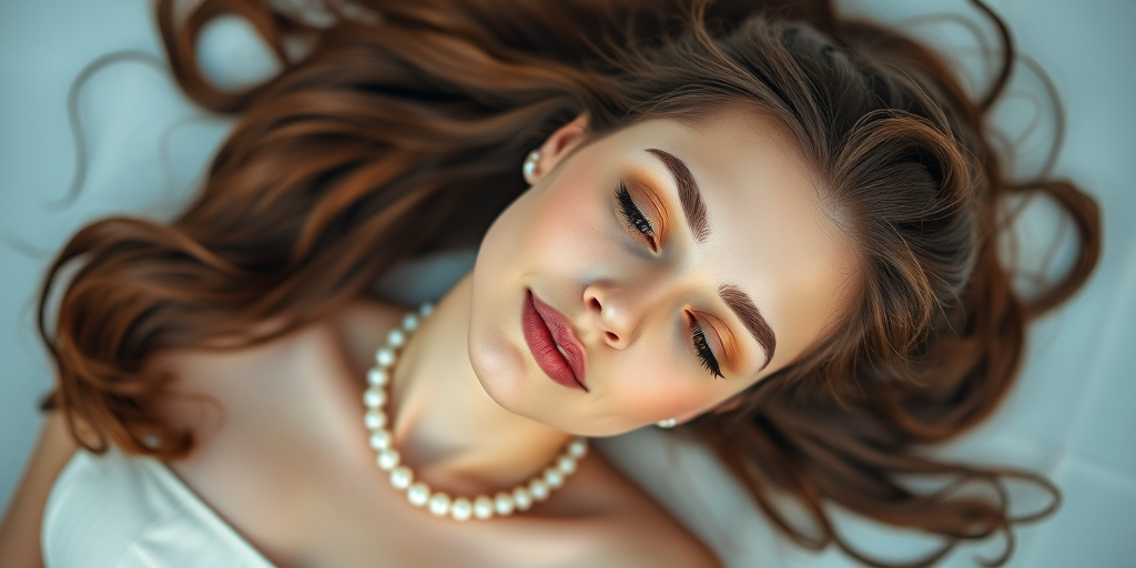 Aerial view of a serene woman lying on a smooth surface with flowing brown hair and a delicate pearl necklace, soft focus, aperture f/2.8, ISO 100, 35mm lens, portrait mode, DSLR camera for vibrant colors and fine detail.