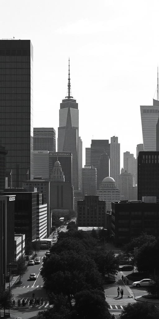 regenerate a monochromatic city skyline with a modern pop art style, shot with a Canon EOS R5 at f/8, ISO 100, 50mm lens, in soft daylight with a slight vignette effect for depth