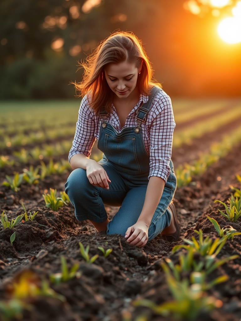 Quiet farm field at dawn, the sun just beginning to rise, a woman in overalls kneels in the soil, planting seeds, her hands gently working the earth as morning dew sparkles around her.