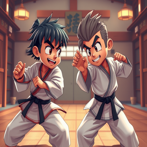 Create a dynamic illustration of two animated martial artists in a dojo setting, focusing on their expressions and poses, using a Canon EOS R5 with a 24-70mm f/2.8 lens, aperture set to f/4, ISO 100, and a focal length of 50mm, capturing a medium shot with soft diffused lighting for enhanced color vibrancy.