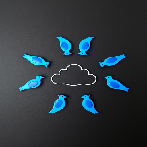 Create a symmetrical mandala design with a central cloud shape surrounded by four blue bird figures, set against a black background with small stars, captured with a DSLR camera, 50mm lens, f/2.8 aperture, ISO 100, and a soft-focus effect.