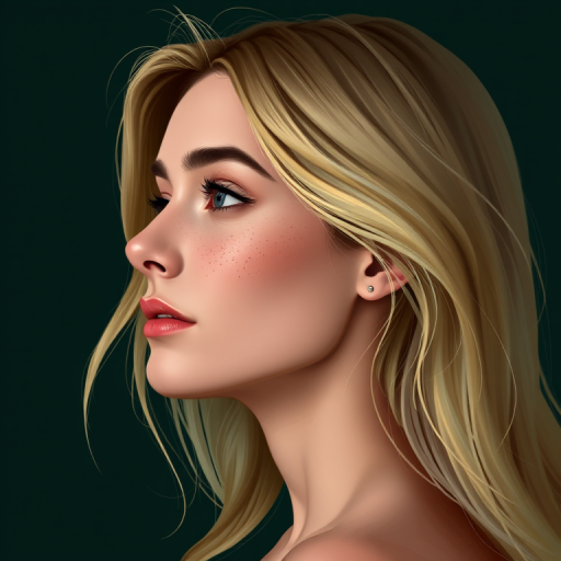 create a digital illustration of a woman in profile view with blonde hair and freckles, against a dark green background, using a high-resolution digital painting technique, 85mm lens, f/4 aperture, natural lighting, focus on facial details and smooth shading