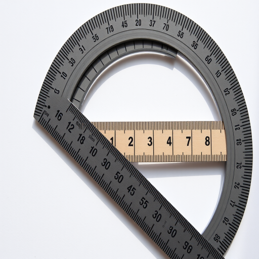 Create a high-resolution image of a protractor with a ruler, using a DSLR camera, aperture f/2.8, ISO 100, 50mm lens, top-down view, natural lighting.
