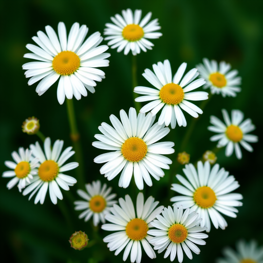 Create a vibrant illustration of white daisies with yellow centers on a dark green background, using a DSLR camera in macro mode, aperture set to f/2.8 for a shallow depth of field, ISO 100 for clarity, and a 50mm lens to capture fine details and enhance color contrast.