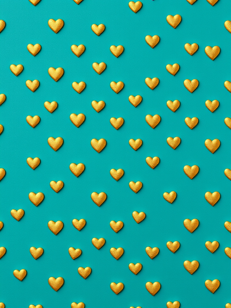 Create a seamless pattern featuring small gold hearts on a teal background with a Canon EOS R5 camera, 50mm lens, f/2.8 aperture, 1/100s shutter speed, ISO 100, top-down view, studio lighting for enhanced image quality.