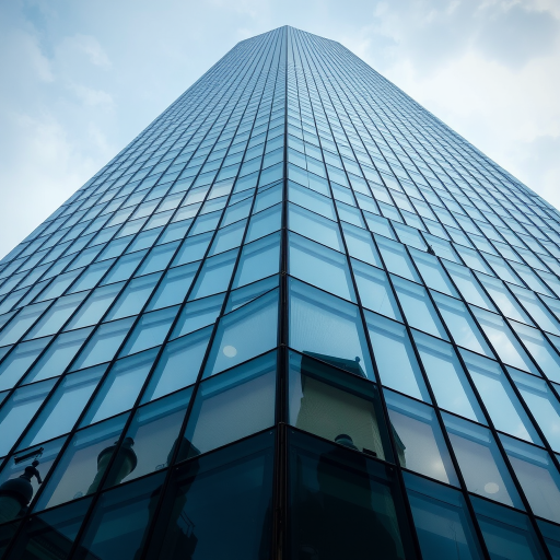 high-resolution image of a modern skyscraper with reflective glass, captured with a DSLR camera at f/8 aperture, 1/250 sec shutter speed, ISO 100, with a wide-angle lens and shot from a low angle to emphasize height and symmetry, focus on architectural details and reflections in the glass.