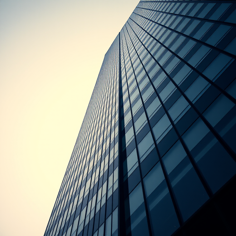 High-angle shot of a modern skyscraper at dusk, emphasizing geometric lines and reflective glass with a 50mm lens, f/8 aperture, ISO 200, shutter speed 1/125s, using a DSLR camera.