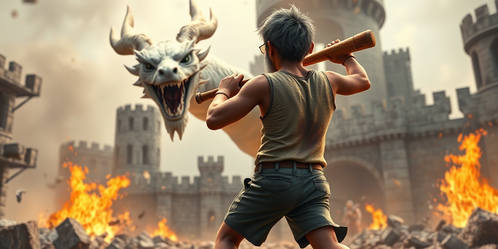 Cartoon 3D High-Resolution,dynamic battle scene using Unreal Engine 5 and Octane Render. The scene features back of an elderly, thai man with a beard,messy hair and round golden-rimmed glasses. He is wearing a tattered tank top with soot marks, shorts, and sandals. sweating. he wields a baseball bat. He jump to fight with a white fire-breathing Europe dragon amidst a partially destroyed stone castle. Include intense flames, smoke, and debris to enhance the dramatic effect.