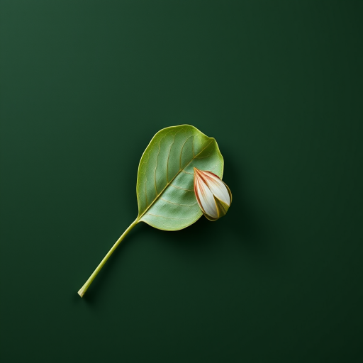 create a minimalist botanical illustration of a leaf and flower bud on a dark green background, using a macro lens with an aperture of f/2.8, ISO 100, shot from a top-down view, in a high-resolution digital format to enhance image quality