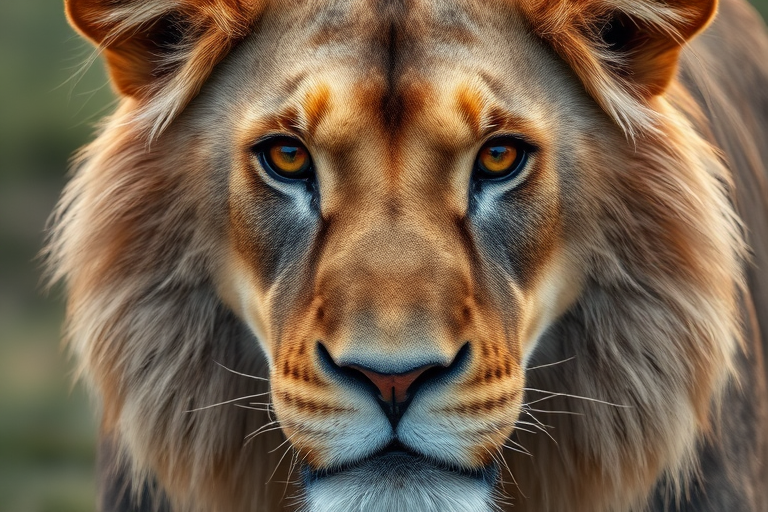 Regenerate an ultra-realistic portrait of a lion with a focus on its detailed fur and intense eyes, using a Canon EOS R5, 85mm f/1.4 lens, aperture f/2.8, shutter speed 1/100, ISO 200, with a shallow depth of field to enhance clarity and texture.