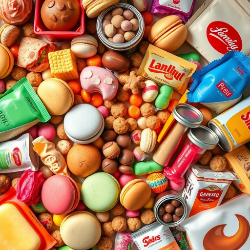 Create a vibrant illustration of assorted snacks and desserts, including macarons, candies, canned goods, and packaged food, captured with a 50mm lens, f/2.8 aperture, in natural light, with a top-down view to enhance details and colors, using a DSLR camera.