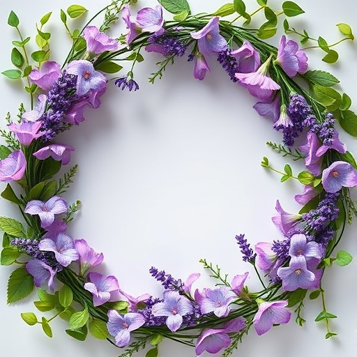 Create a circular frame design featuring delicate purple floral arrangements intertwined with green foliage, shot with a DSLR camera at f/2.8 aperture, ISO 100, and a 50mm lens from a top-down perspective to enhance image quality and clarity.