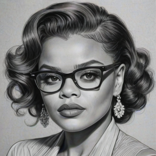 Bewitching Andra Day, pencil sketch, portrait of Superb woman 1955s in glasses, hair style beatnik, outline, clear lines, fine lines, 8k