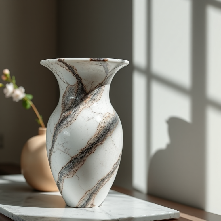 Create a high-resolution image of a marble vase with detailed textures and shadows, using a DSLR camera with a 50mm lens, aperture set to f/2.8 for a soft background blur, ISO 100 for clarity, and natural light to enhance the details and colors.