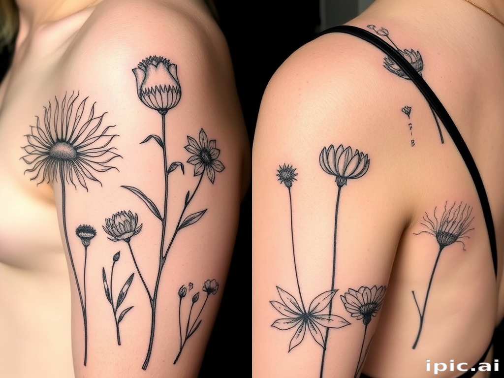 Fine line tattoo titled "Botanical Studies" featuring highly detailed scientific illustrations of various plant species with delicate linework and subtle shading reminiscent of vintage botanical drawings