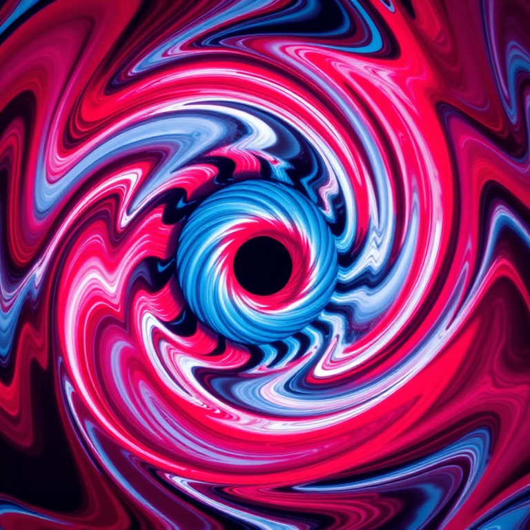 Create an abstract image featuring a swirling pattern in red, blue, and white colors with a prominent circular shape in the center, captured with a DSLR camera, 50mm lens, f/1.8 aperture, ISO 100, at a low angle with high dynamic range processing for enhanced detail and color vibrancy.