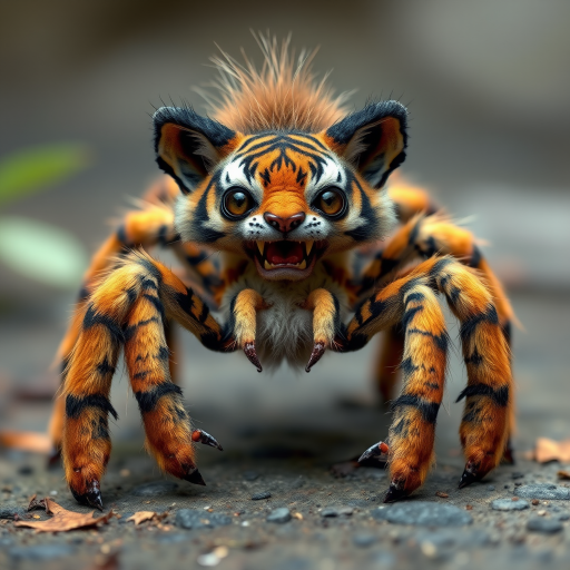 This charming yet frightening Spider Tiger features six legs, a hairy, furry body, and a cat-like tiger physique combined with an insectoid tiger head and tiger legs. The furry head further adds to the creature's unique appearance, creating a captivating blend of cuteness and fear that makes this six-legged, furry, insect-inspired tiger both adorable and scary.