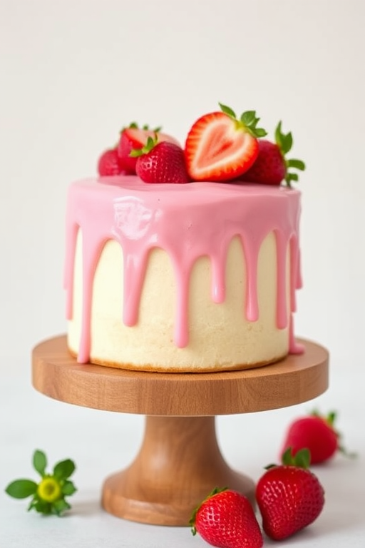 Create an image of a small round cake on a wooden cake stand with pink icing dripping down the sides and topped with fresh strawberries and a few sliced strawberries. The background should be simple and light to enhance the focus on the cake.