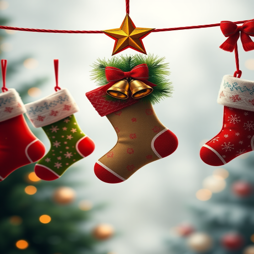 Create a high-resolution illustration of Christmas stockings hanging on a line, with a star and bells, using a Canon EOS 5D Mark IV, 50mm lens, aperture f/3.2, ISO 100, in a soft-focus background for depth.